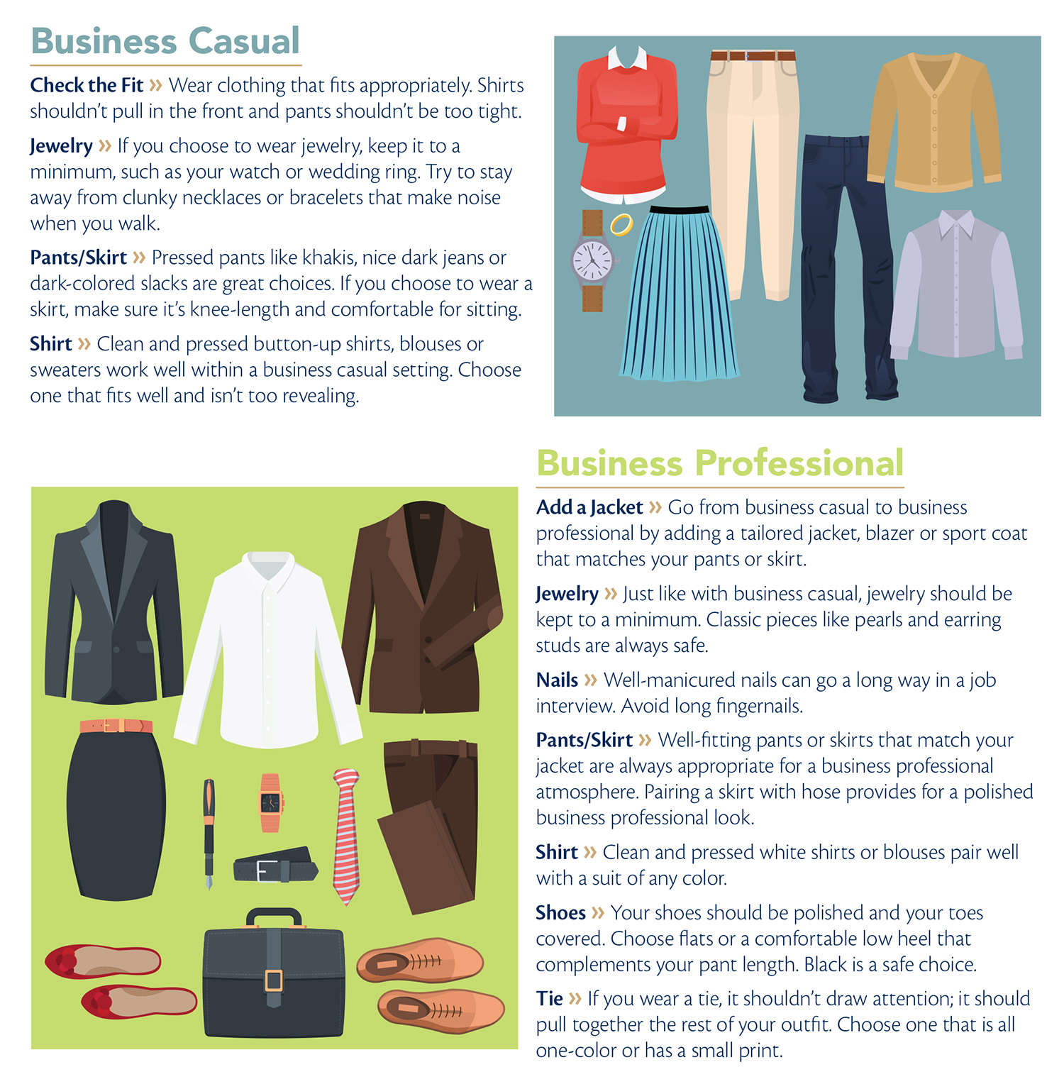 Infographic displaying outfit examples business casual and business professional settings