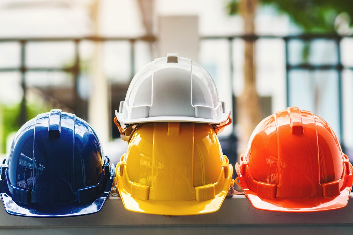 A colorful stack of hard hats.